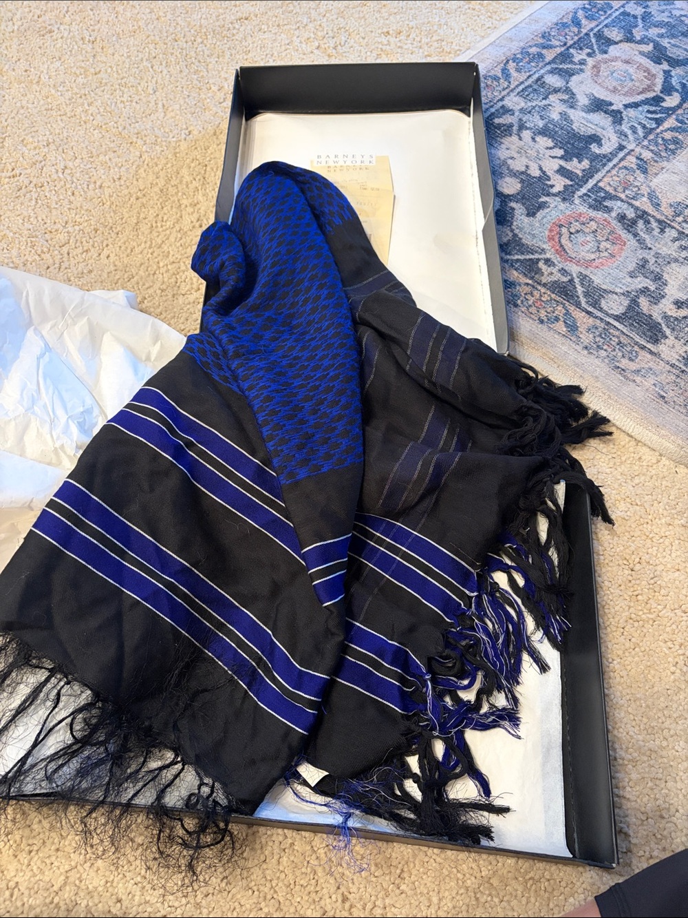Dries Van Noten Black and Royal Blue Striped Fringe Scarf